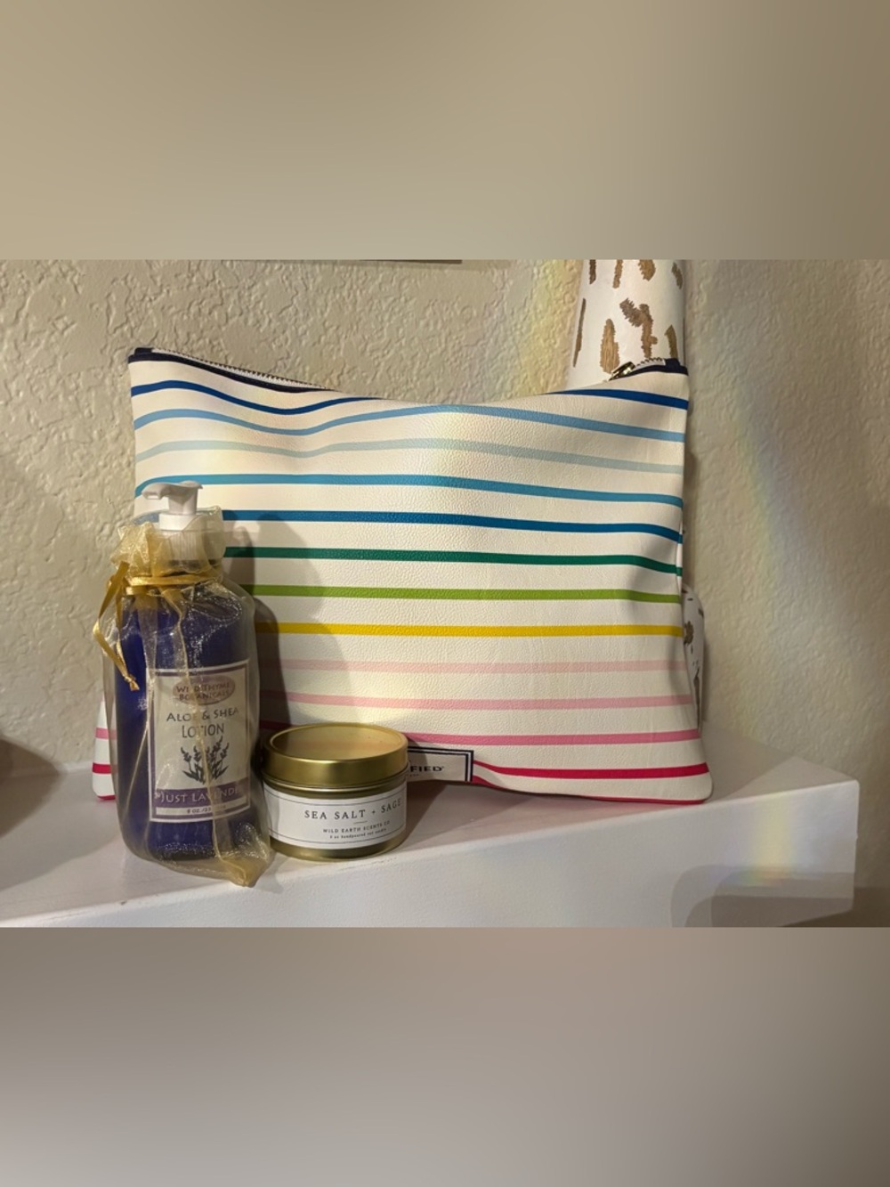 Colorful Striped Cosmetic Bag with Candle and Lotion Set